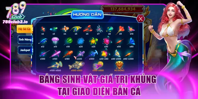 Bảng sinh vật giá trị khủng tại giao diện bắn cá